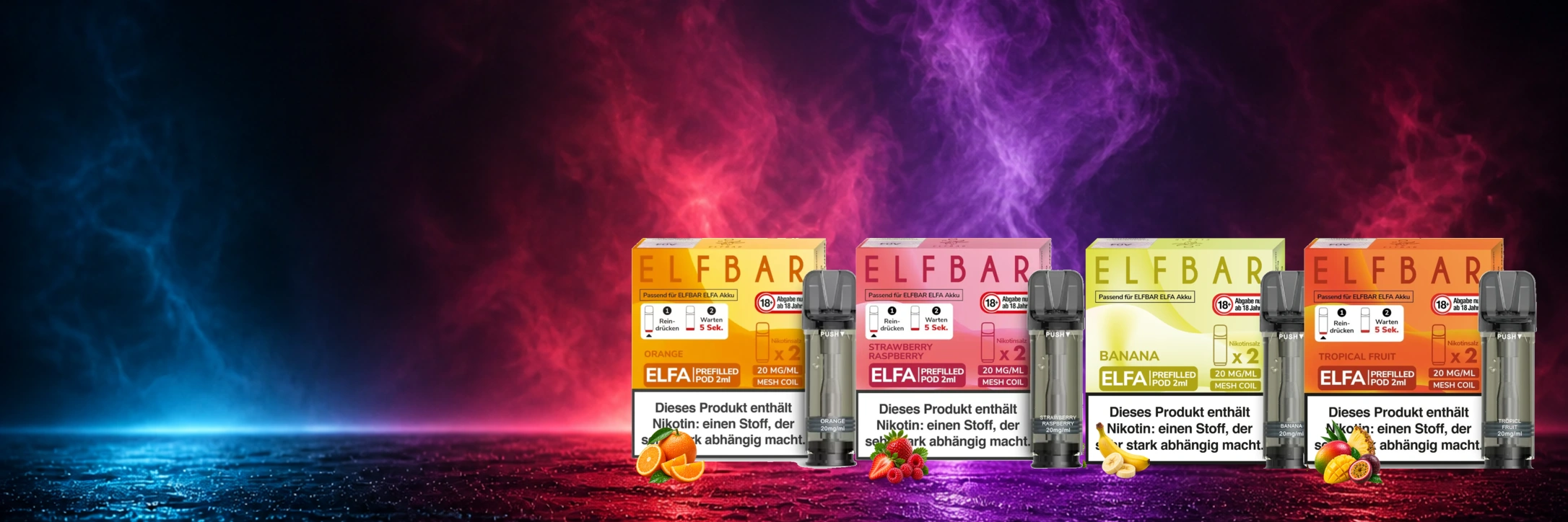 ELFBAR ELFA Pods Orange, Strawberry Raspberry, Banana und Tropical Fruit