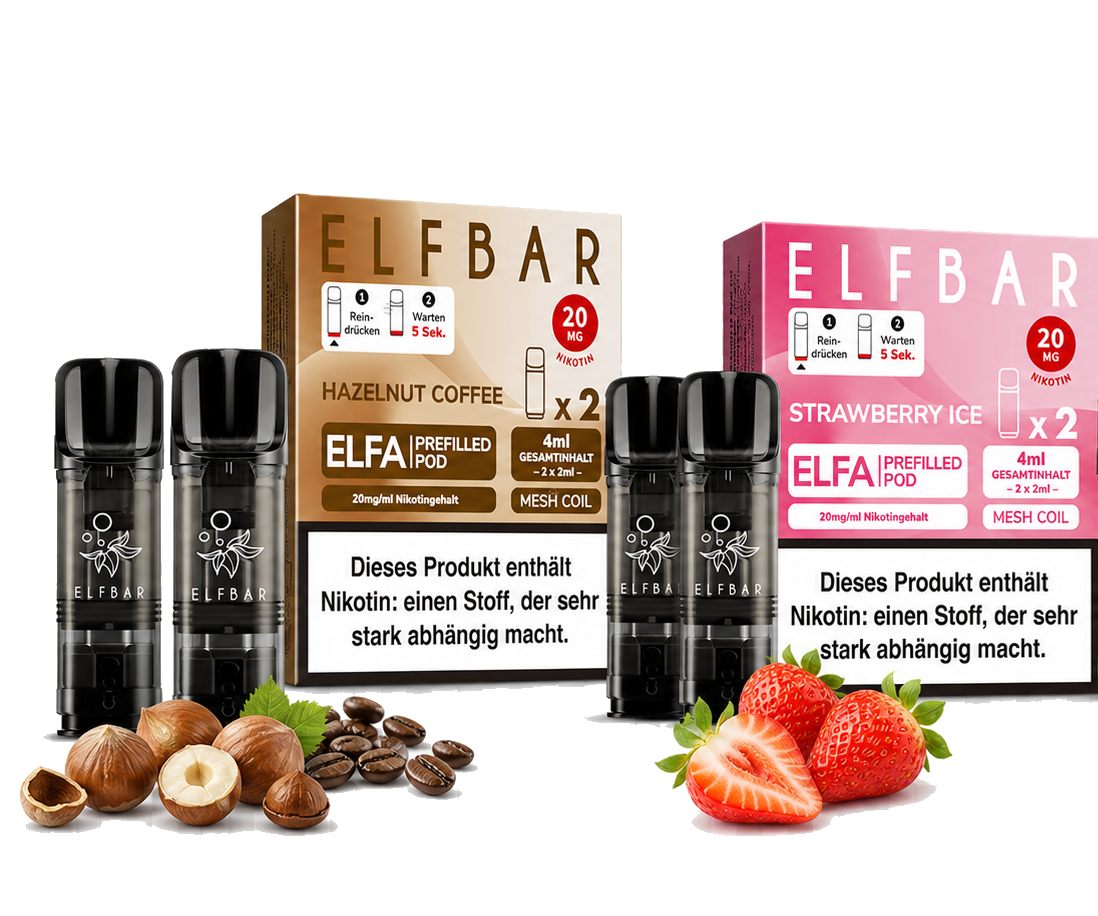 Elfbar Elfa Pods Hazelnut Coffee und Strawberry Ice mit passenden Zutaten