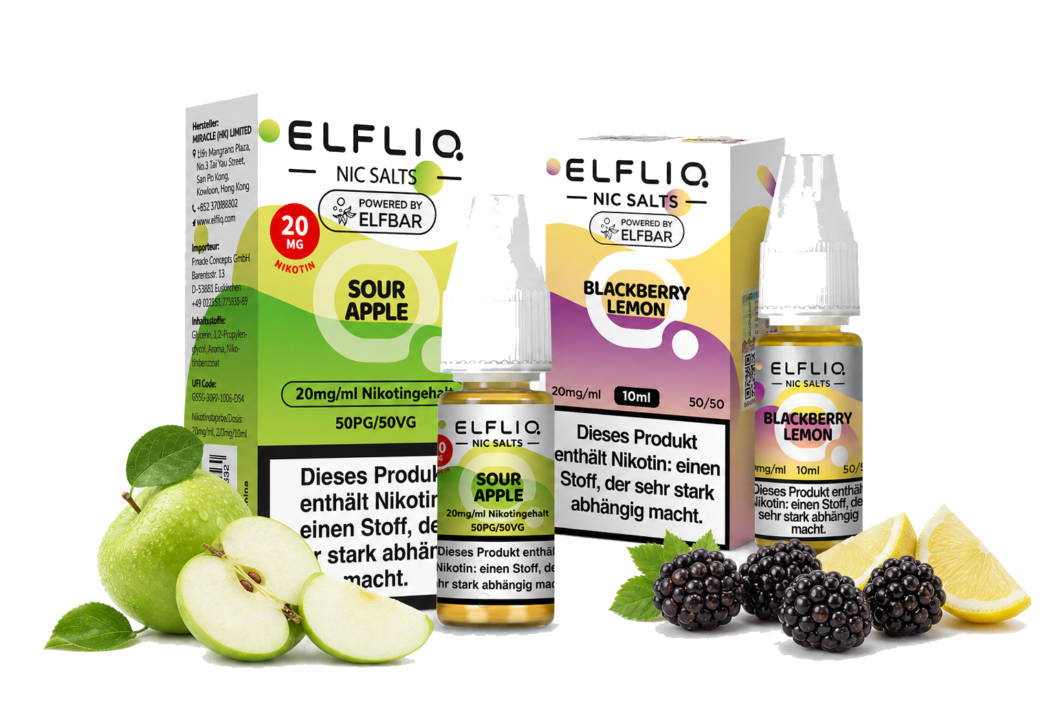 Elfliq Sour Apple und Blackberry Lemon Nic Salt Liquids mit passenden Früchten